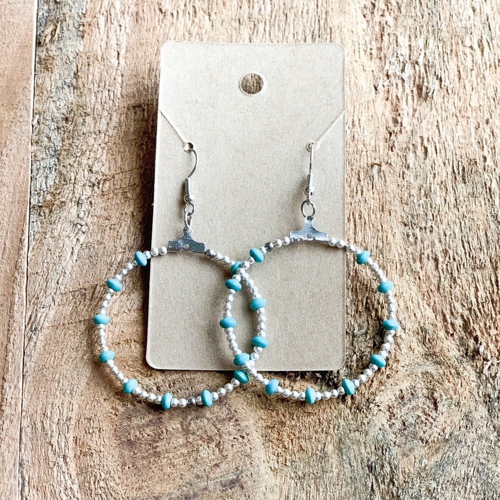 COPY - COPY - BOHO STYLED SILVER AND TURQUOISE BEADED HOOPS